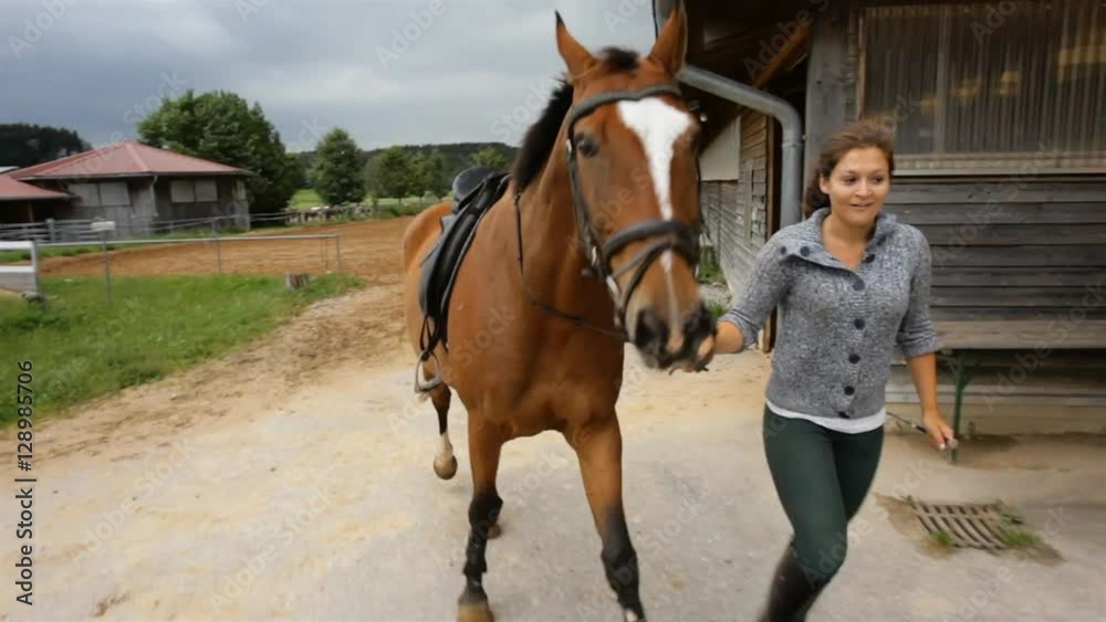 young girl walking with a brown horse through the ranch. steadycam shot young girl walking with a brown horse through the ranch. steadycam shot