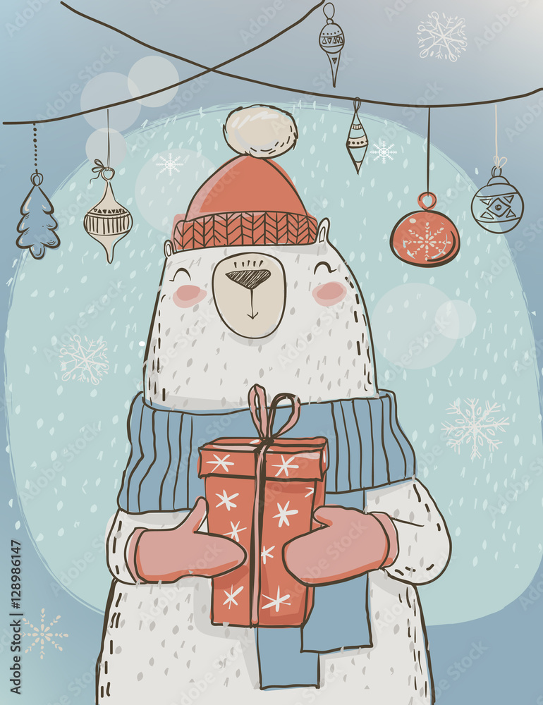 Fototapeta premium polar christmas bear with present box
