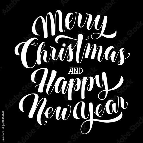 Merry Christmas and Happy New Year text, calligraphic vector illustration, white over black background. Merry Christmas and Happy New Year lettering, greeting text, design element