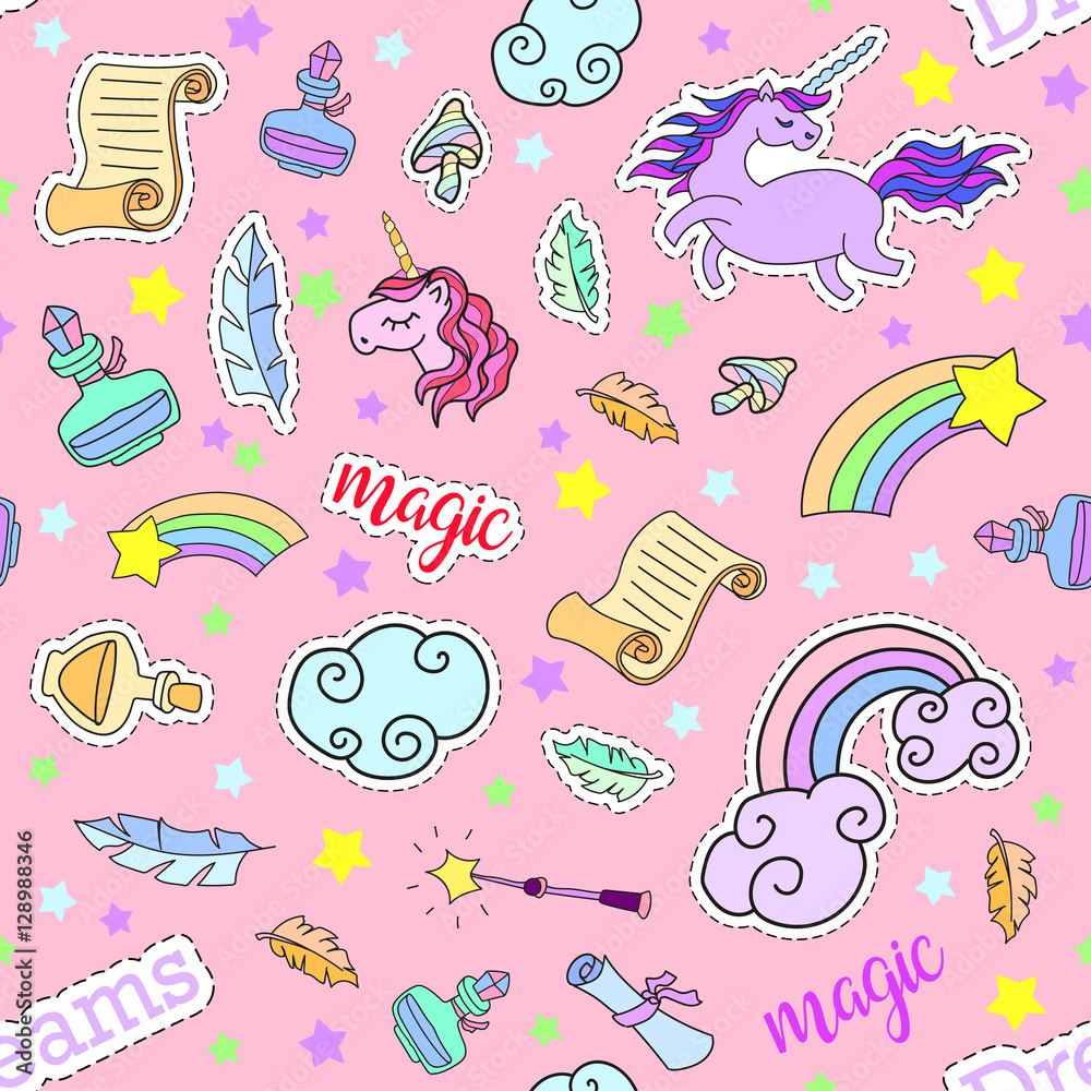 Seamless pattern with unicorns, rainbow, stars, clouds and other magic elements.Vector background with stickers, pins, patches in cartoon 80s-90s comic style. Eps 10 Seamless pattern with unicorns, rainbow, stars, clouds and other magic elements.Vector background with stickers, pins, patches in cartoon 80s-90s comic style. Eps 10