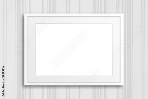 Blank frame on striped design wallpaper, interior decor mockup