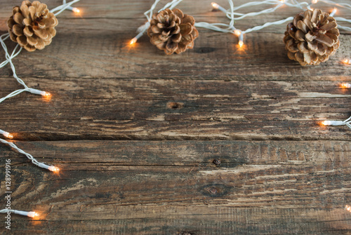 Christmas Lights on Wooden Background. Horizontal.