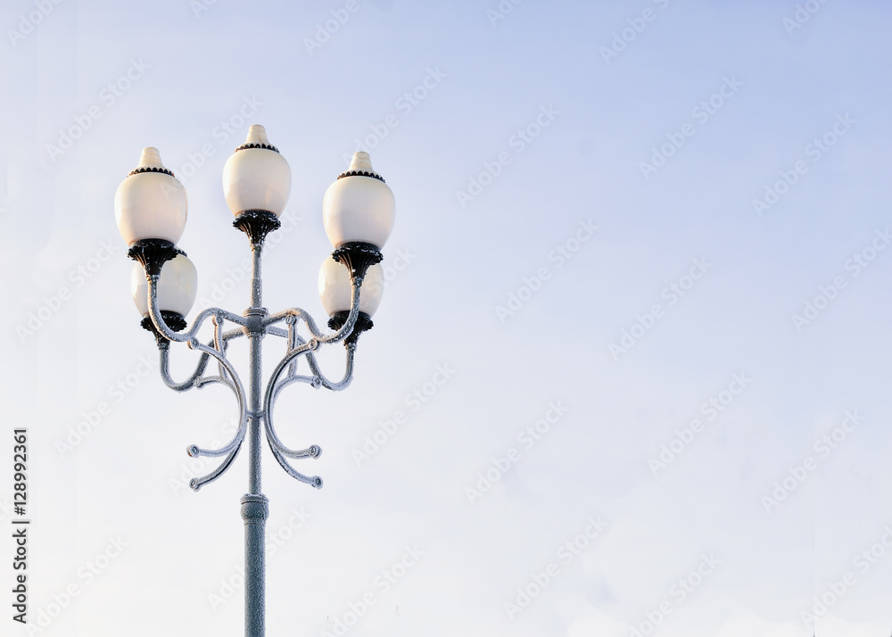 Street lamp in winter against the blue sky.