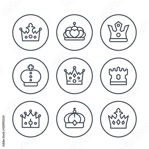 crowns line icons in circles on white, vector illustration