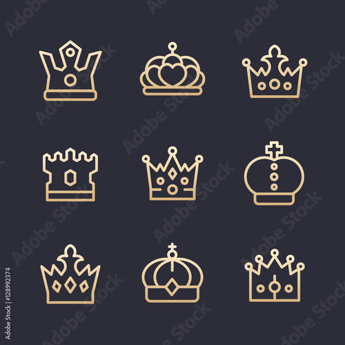crowns line icons set, royalty, king, monarch, sovereign, queen symbols, gold on dark