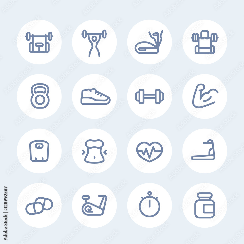 fitness and gym training line icons isolated over white