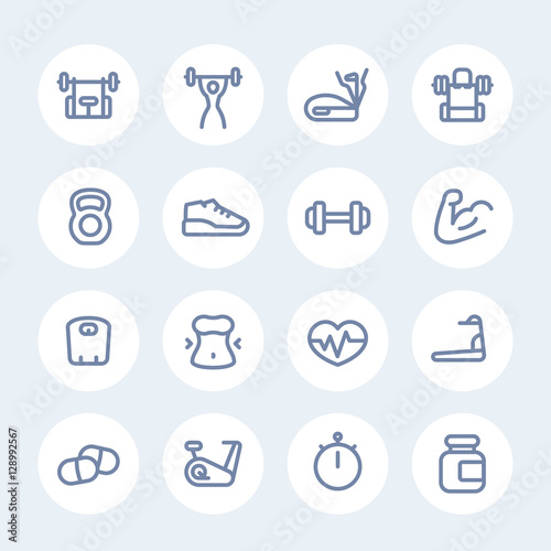 fitness and gym training line icons isolated over white