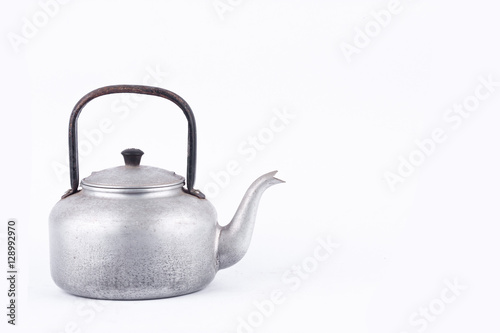 old vintage retro Kettle on white background drink isolated (side view) . Which, kettle made of aluminum materials. 