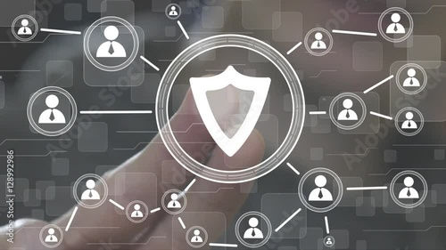 Businessman touch button shield web security virus network