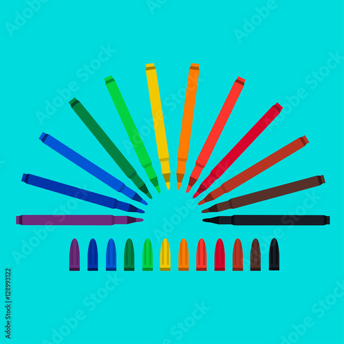 Set of felt-tip pens  red  green  yellow  purple  brown  black  biscuit  orange  chlorine  blue  mazarine. Vector art colourful highlighters