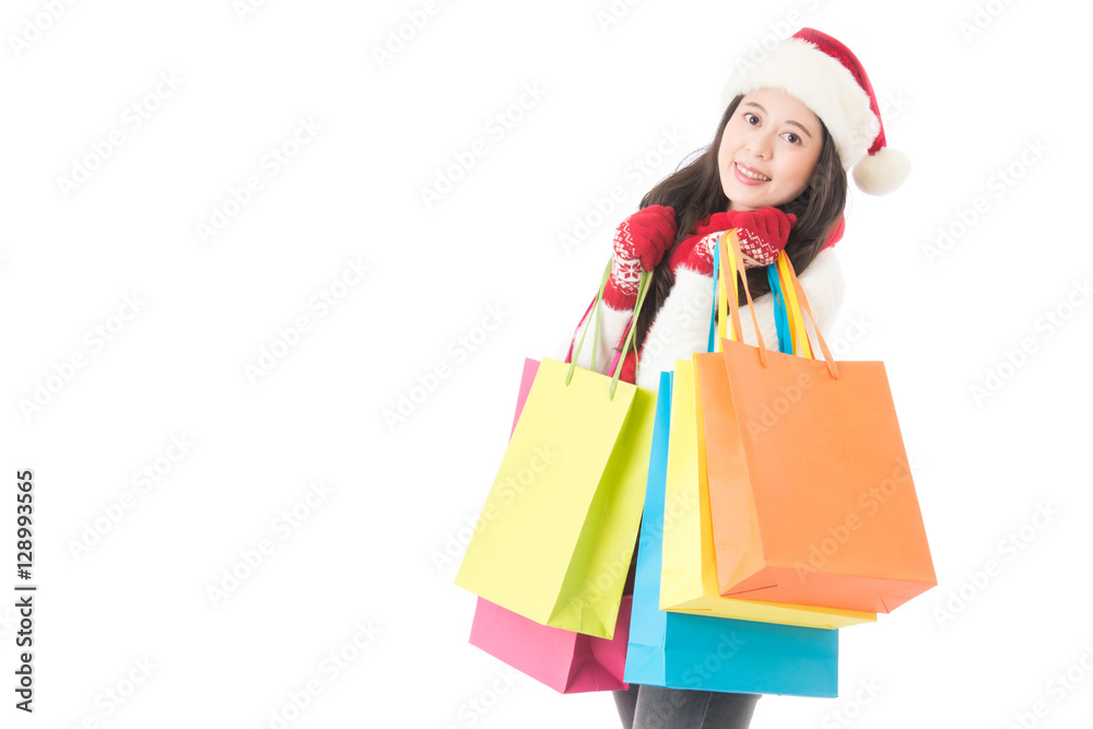 Christmas shopping woman with gift bag joyful Christmas shopping woman with gift bag joyful
