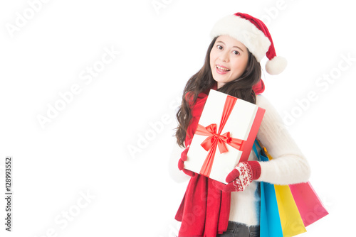 happy woman holding gifts box and shopping bag