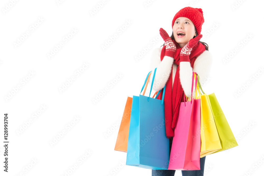 surprised for winter sale. colorful christmas shopping