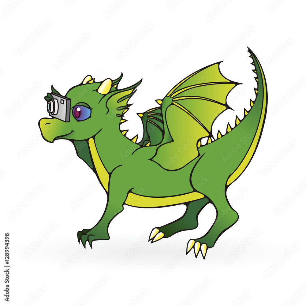 Obraz premium Greeting card with dragon child with photocamera.