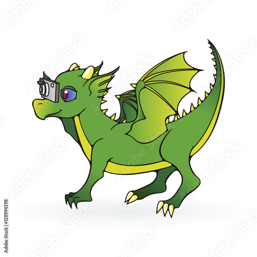 Greeting card with dragon child with photocamera.