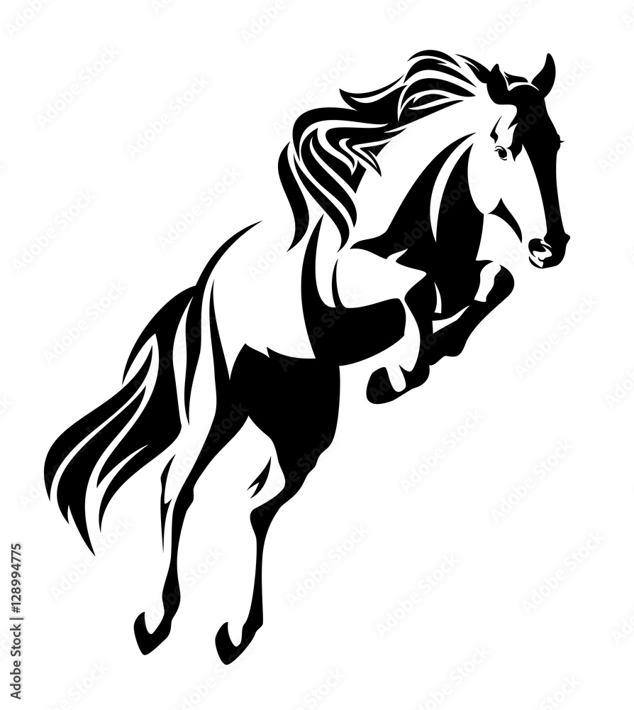 Fototapeta skaczący koń czarny i biały wektorowy projekt