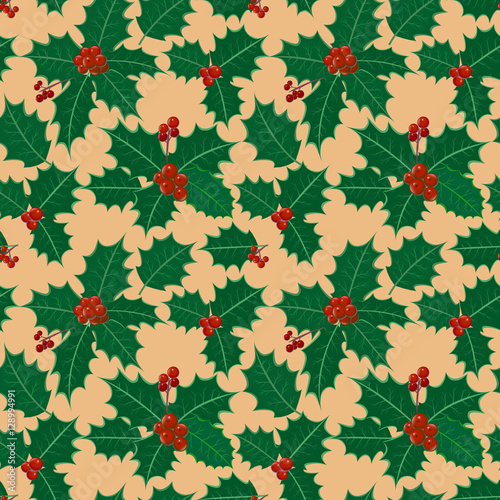 christmas and new year seamless pattern with holly leaves and be