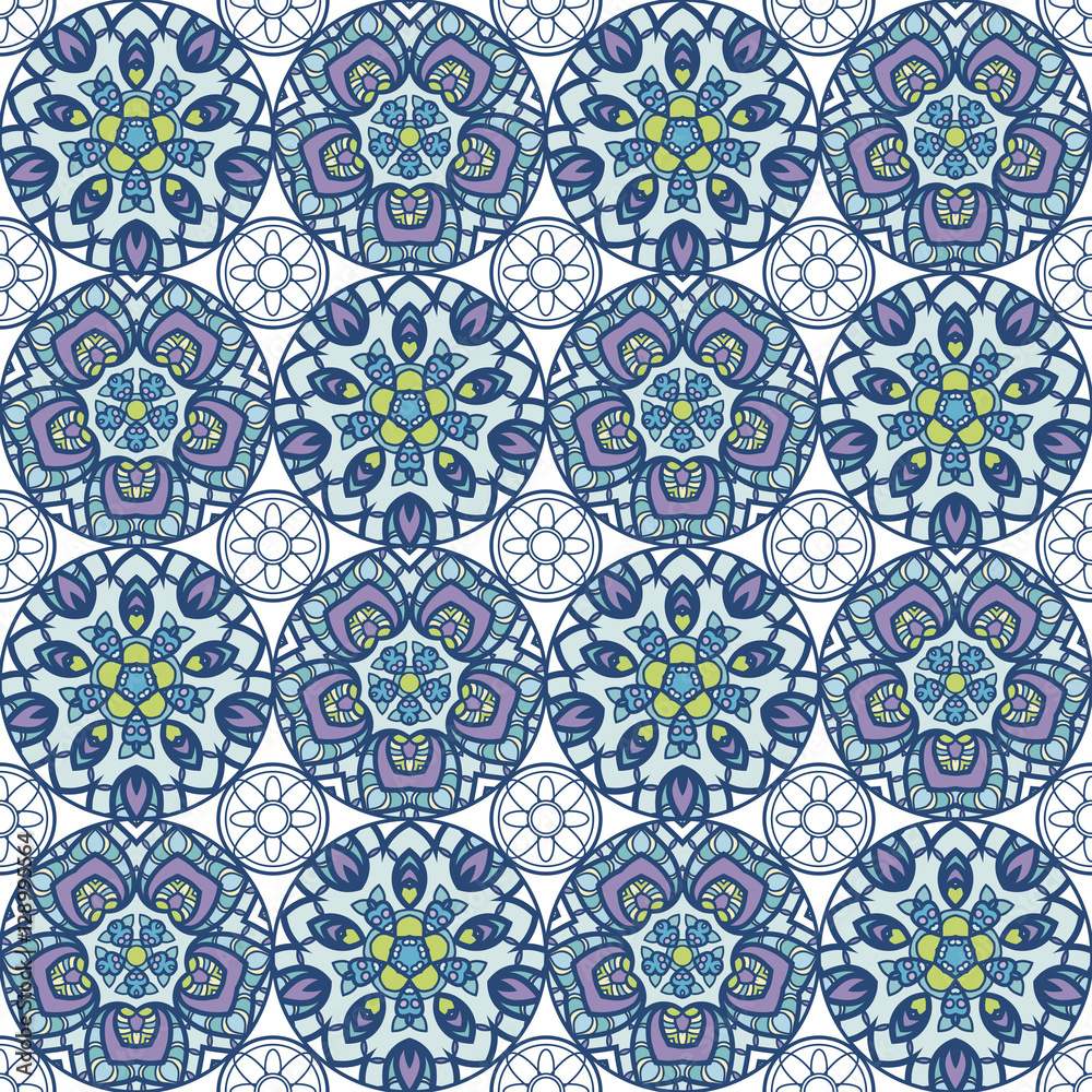 Patch Boho Flower Seamless Pattern. Mandala patchwork, oriental design. Wallpaper, furniture textile, fabric print, pillow deco.