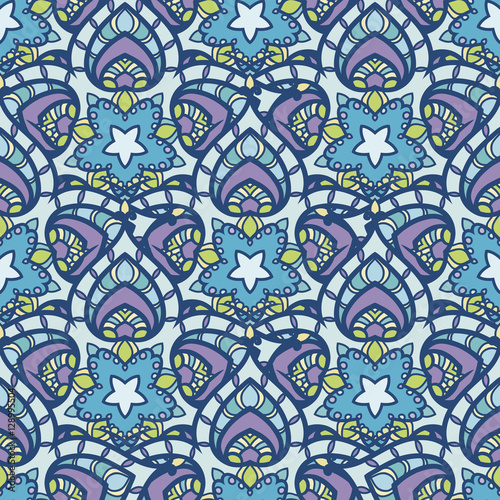 Patch Boho Flower Seamless Pattern. Mandala patchwork, oriental design. Wallpaper, furniture textile, fabric print, tile deco.