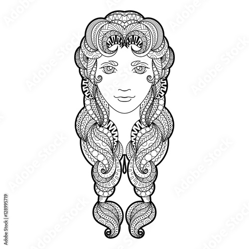 Beautiful girl with intricately patterned, zentangle braid and bright eyes.