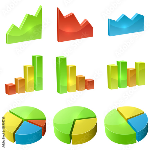 Color 3D graph icon vector set isolated on white background.
