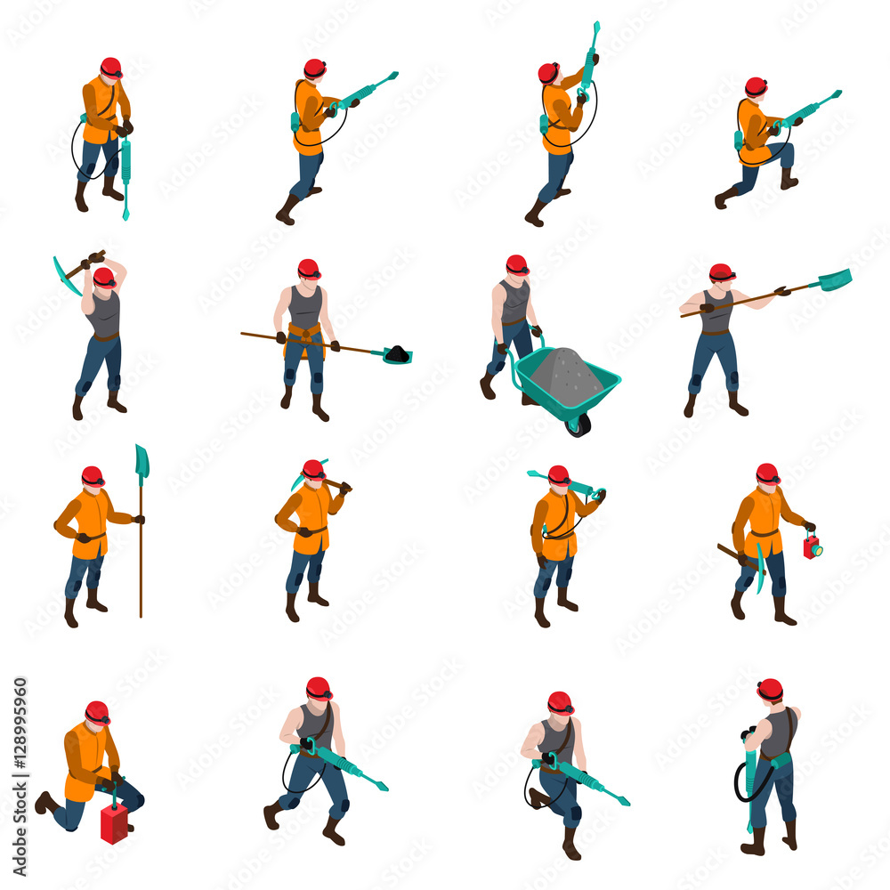 Miner People Isometric Icons Set