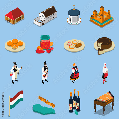 Hungary Isometric Touristic Icons Set