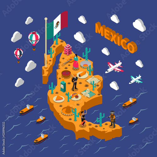  Mexican Touristic Attractions Symbols Isometric Map