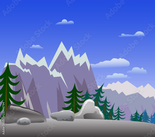 cartoon style mountain landscape with fir tree, stones and cloud