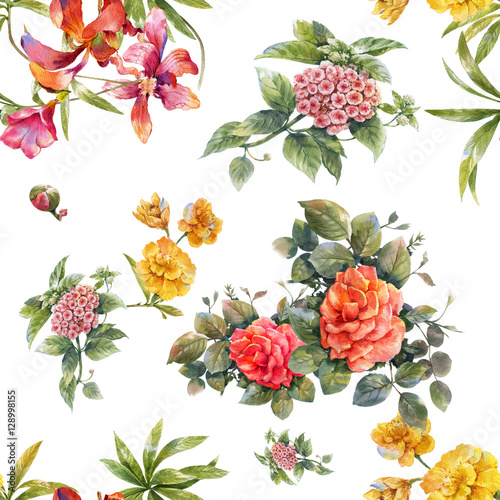 Watercolor painting of leaf and flowers, seamless pattern on white background