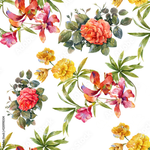 Watercolor painting of leaf and flowers, seamless pattern on white background