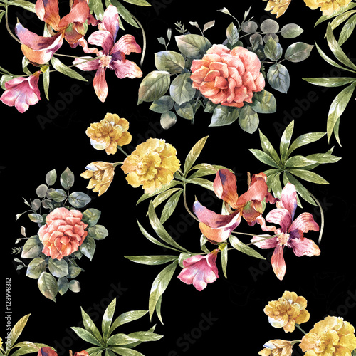Watercolor painting of leaf and flowers, seamless pattern on dark background