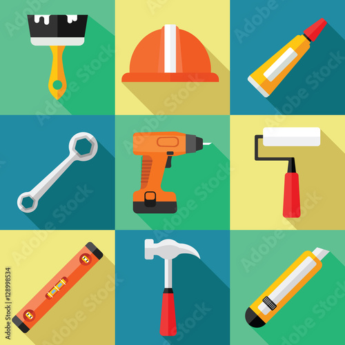 Hand Tools Icon Set for Repair in a Flat Design