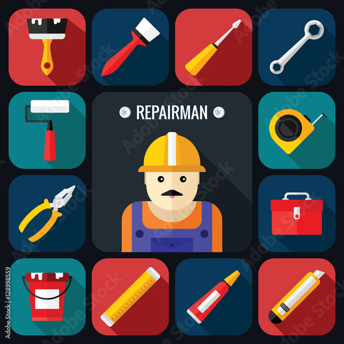 Hand Tools Icon Set with Repairman in a Flat Design