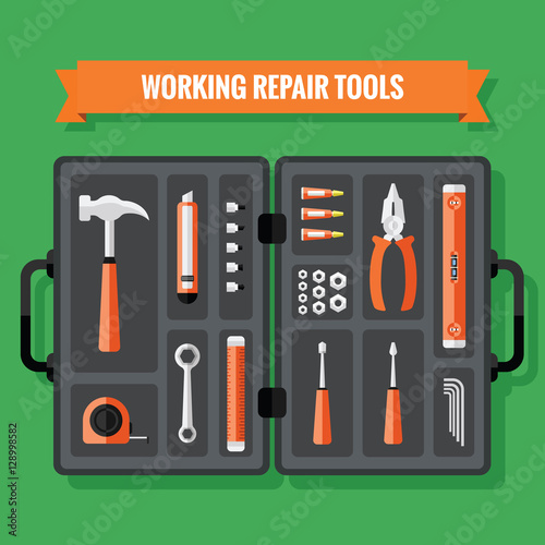 Hand Tools Icons Set With Case in a Flat Design
