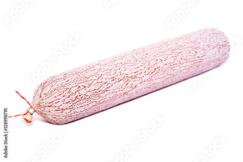 White salami smoked sausage piece isolated on white background