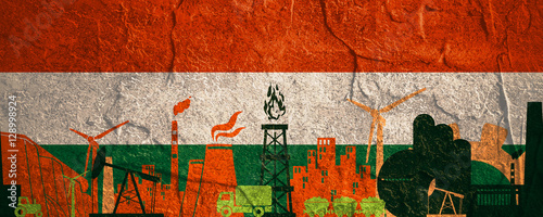 Energy and Power icons set. Header banner with Hungary flag. Sustainable energy generation and heavy industry. Concrete textured
