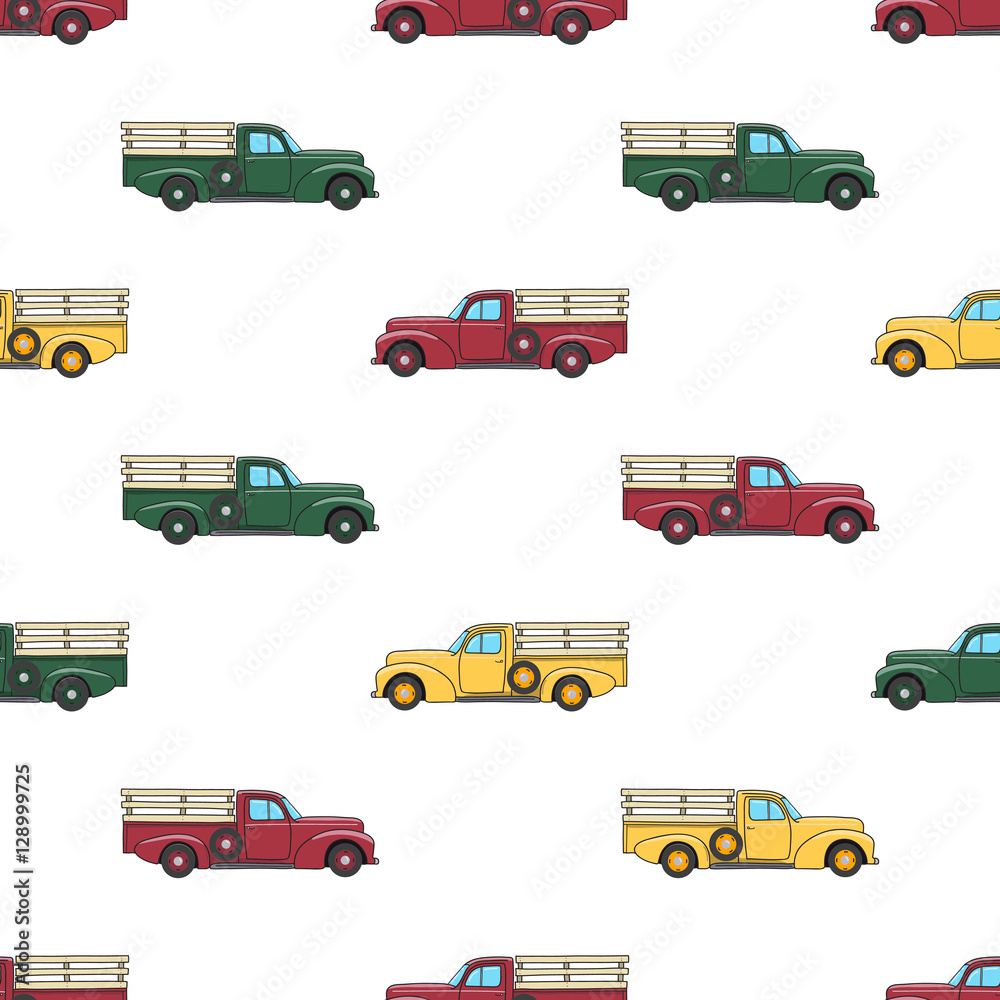 Pickup truck vintage. Pattern with retro pickup truck. Vector doodle illustration