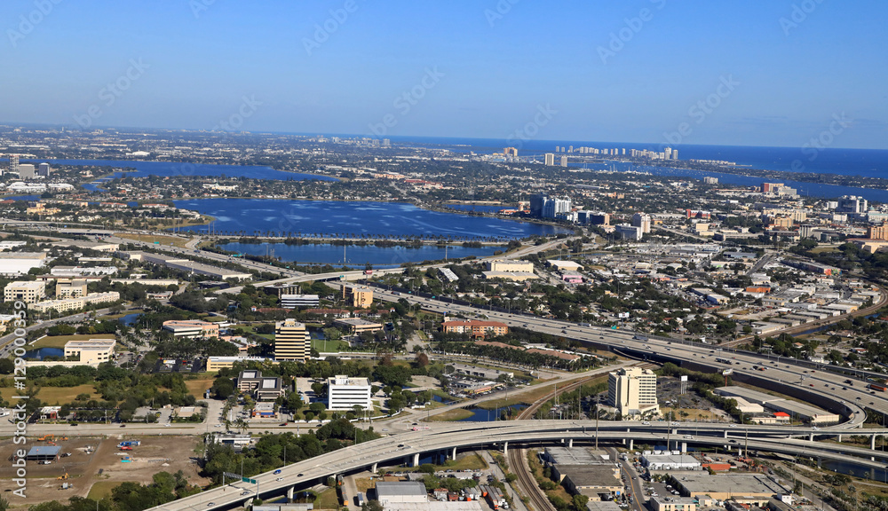 Aerial view of Clear Lake in downtown West Palm Beach, Florida, and the surrounding business district, as well as the I-95 expressway.