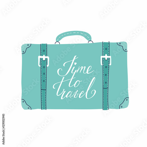 Vector template for card on the theme of travel, vacation, adventure. Retro 50's style. Suitcase with handdrawn lettering Time to travel