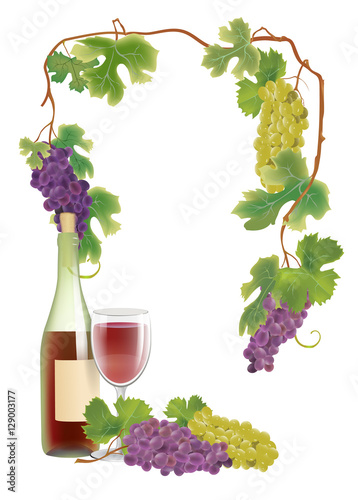 harvest poster with a grape vine, leaves, bottle and bocal of re