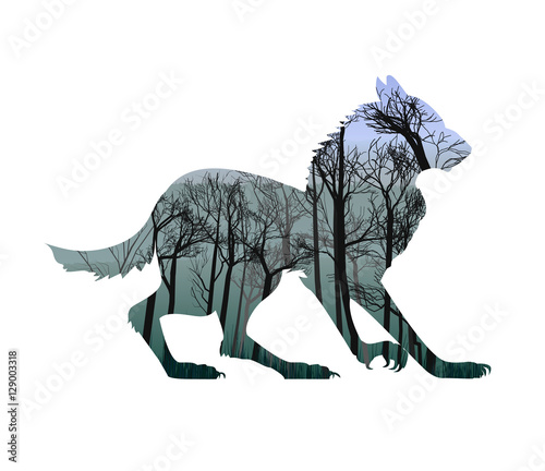 misty forest inside wolf silhouette isolated