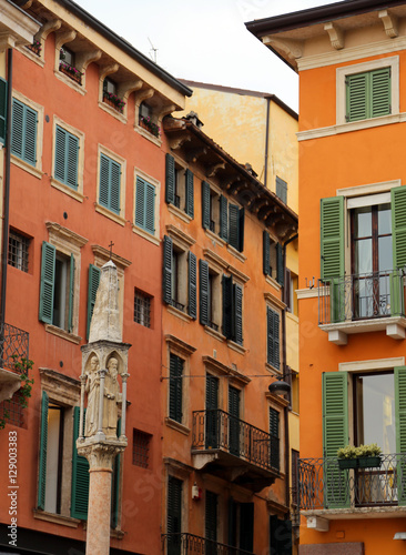 column with statues in the street of the downtown of Verona in I
