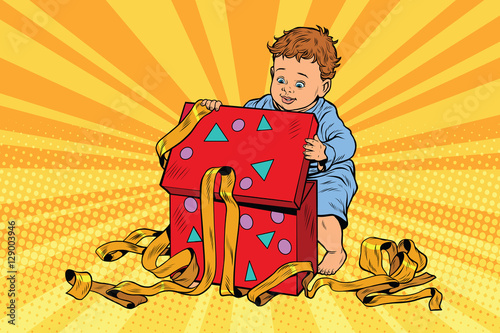 Pop art boy opens the gift box