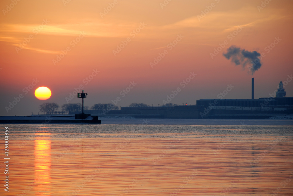 Winter sunrise on Lake Michigan, Navy Pier, Chicago downtown, Illinois