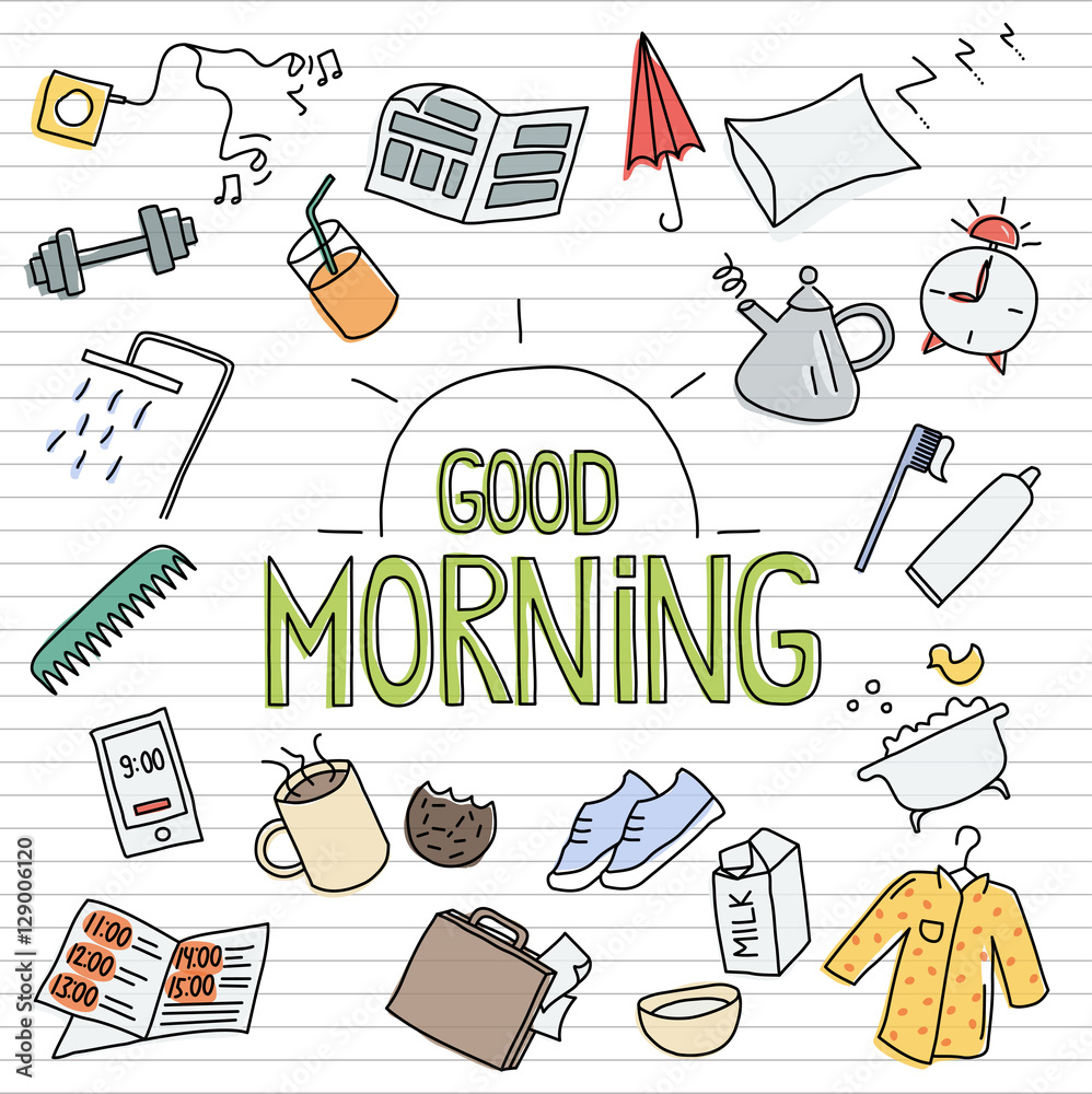 Good Morning Doodle Healthy Breakfast Happy Mood Of Summer Day Sketch  Drawing Vector Set Stock Illustration  Download Image Now  iStock