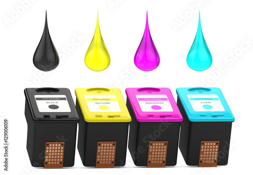 Cartridges for inkjet printer with CMYK paint drops photo