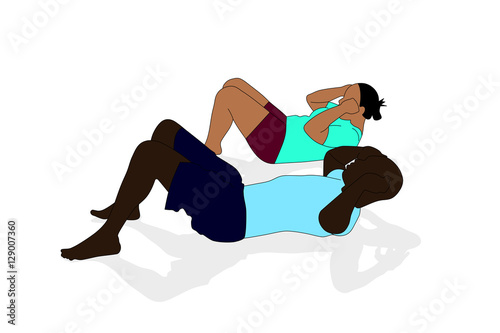 Sit-ups. Drawing of a man and woman doing abdominal exercises, vector illustration.