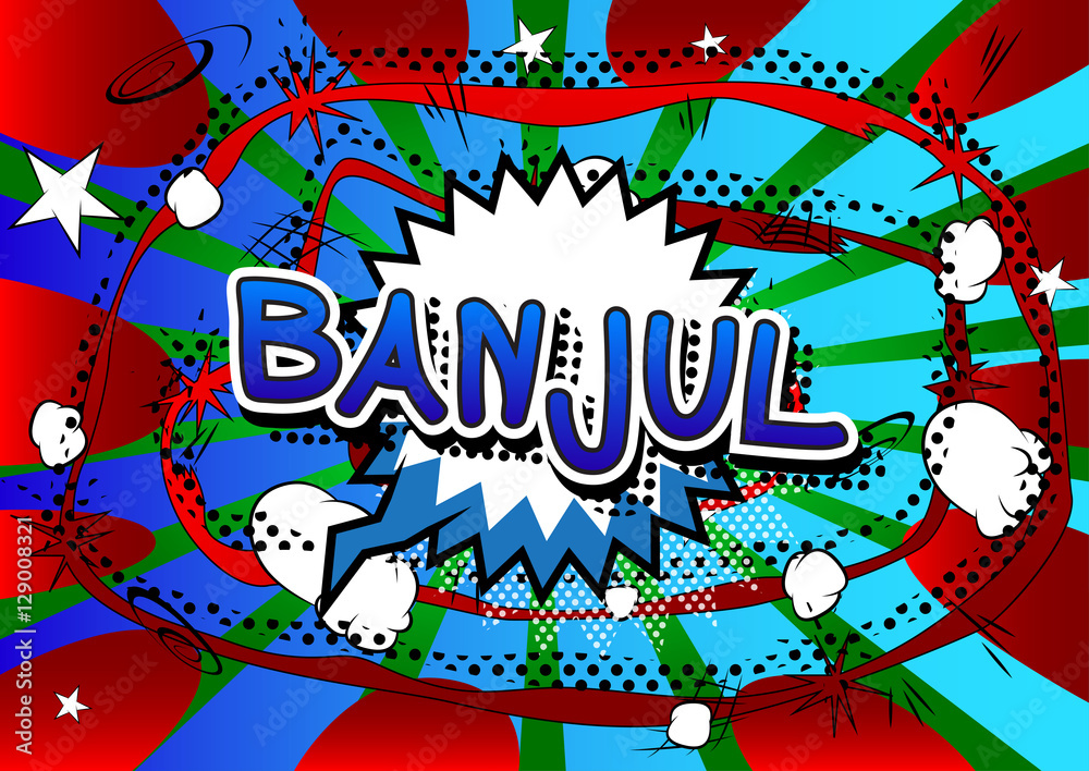 Banjul - Comic book style text on comic book abstract background.