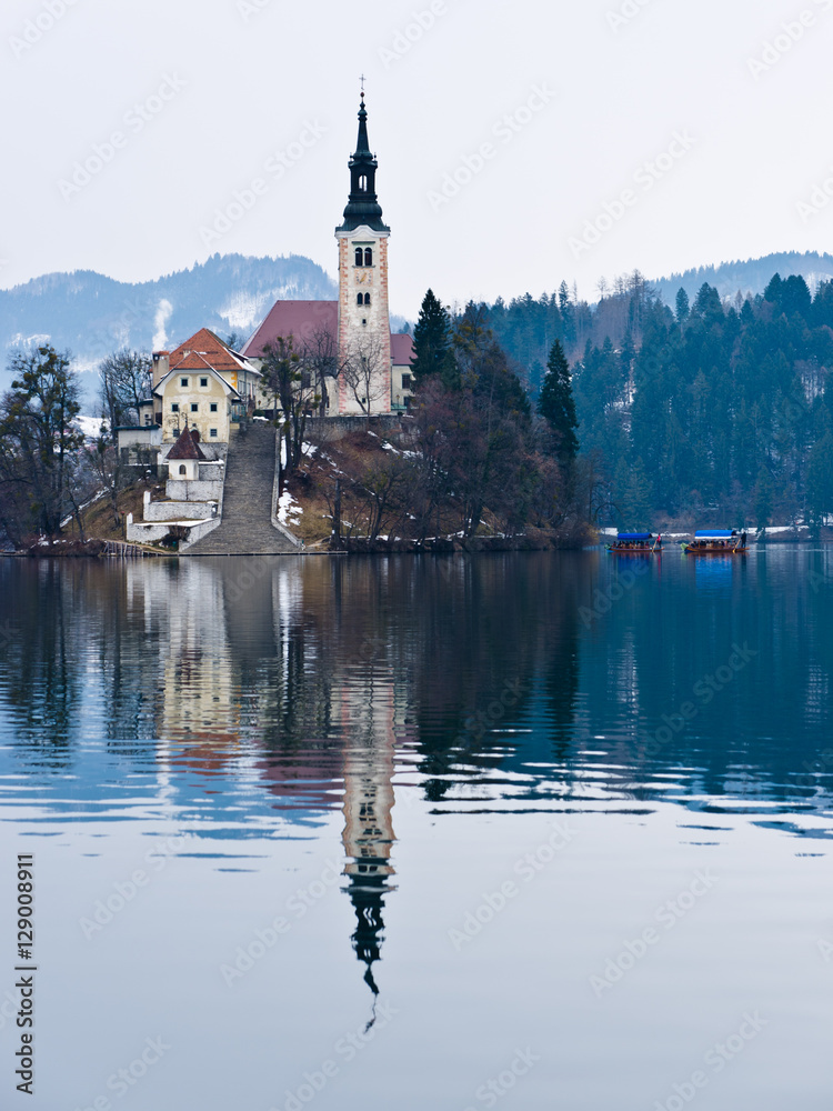 Church on a small island on lake Bled, slovenian alps, Slovenia